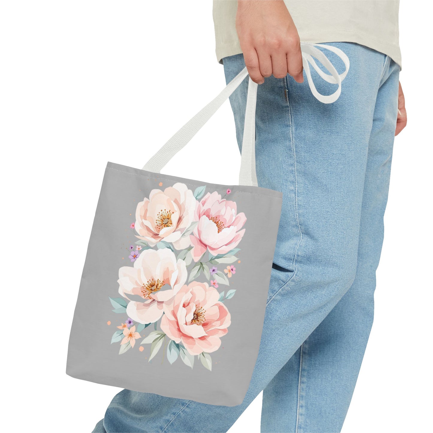 Floral Peony Tote Bag — Pink Watercolor Flowers on Grey