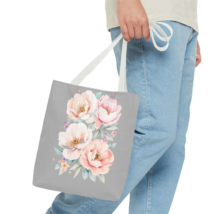 Floral Peony Tote Bag — Pink Watercolor Flowers on Grey