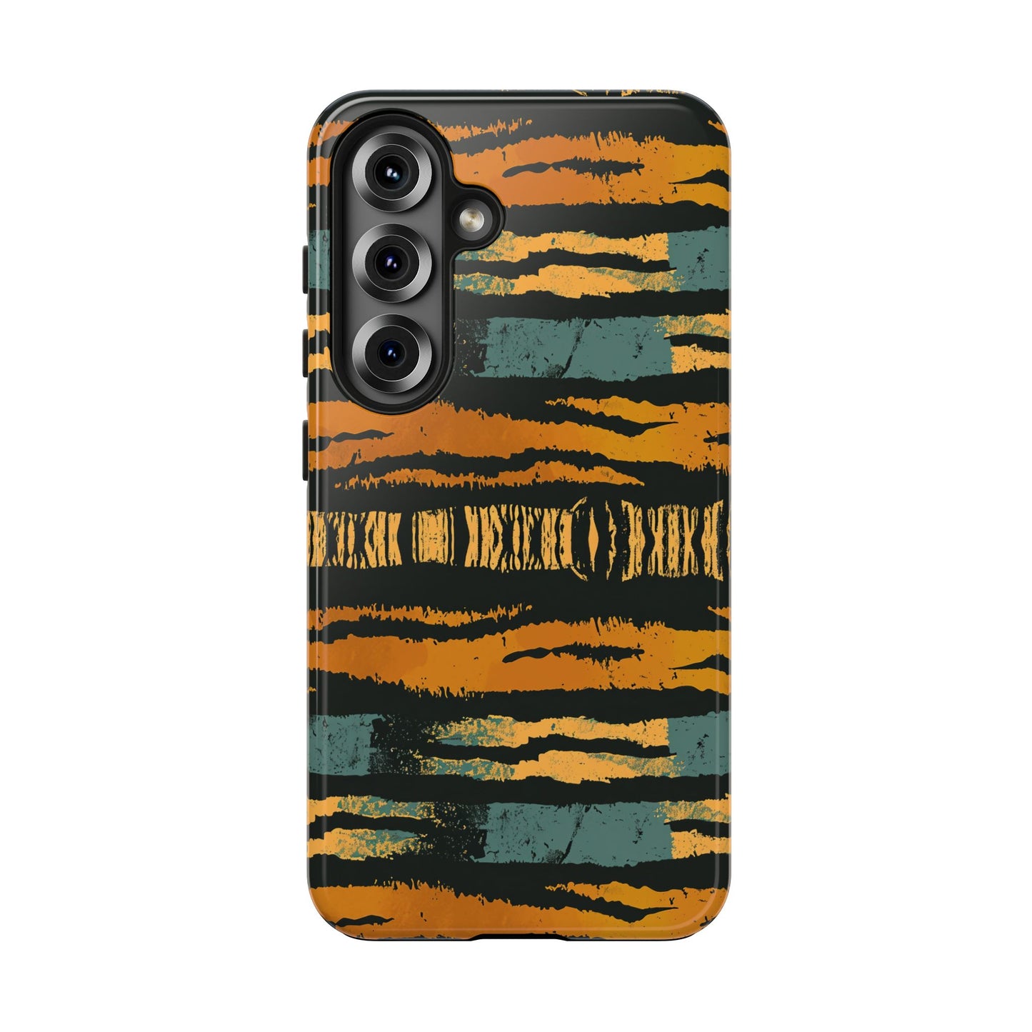 Tiger Stripe Tough Phone Case — Rugged Protective iPhone Cover with Amber & Teal Brushstroke Pattern