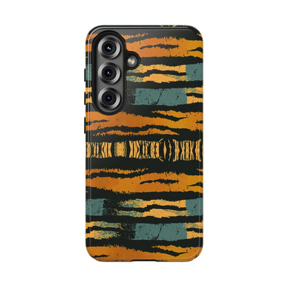 Tiger Stripe Tough Phone Case — Rugged Protective iPhone Cover with Amber & Teal Brushstroke Pattern