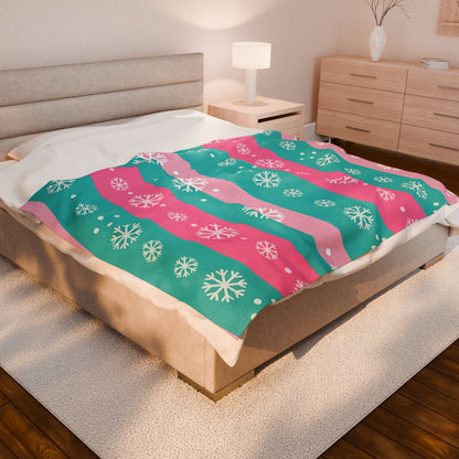 Snowflake Stripe Plush Blanket — Teal & Pink Velveteen Throw