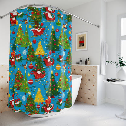 Festive Christmas Shower Curtain | Holiday Decor, Santa, Trees, Winter Wonderland, Bathroom Accessory