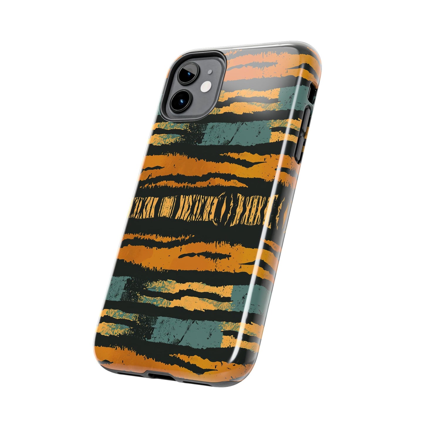 Tiger Stripe Tough Phone Case — Rugged Protective iPhone Cover with Amber & Teal Brushstroke Pattern