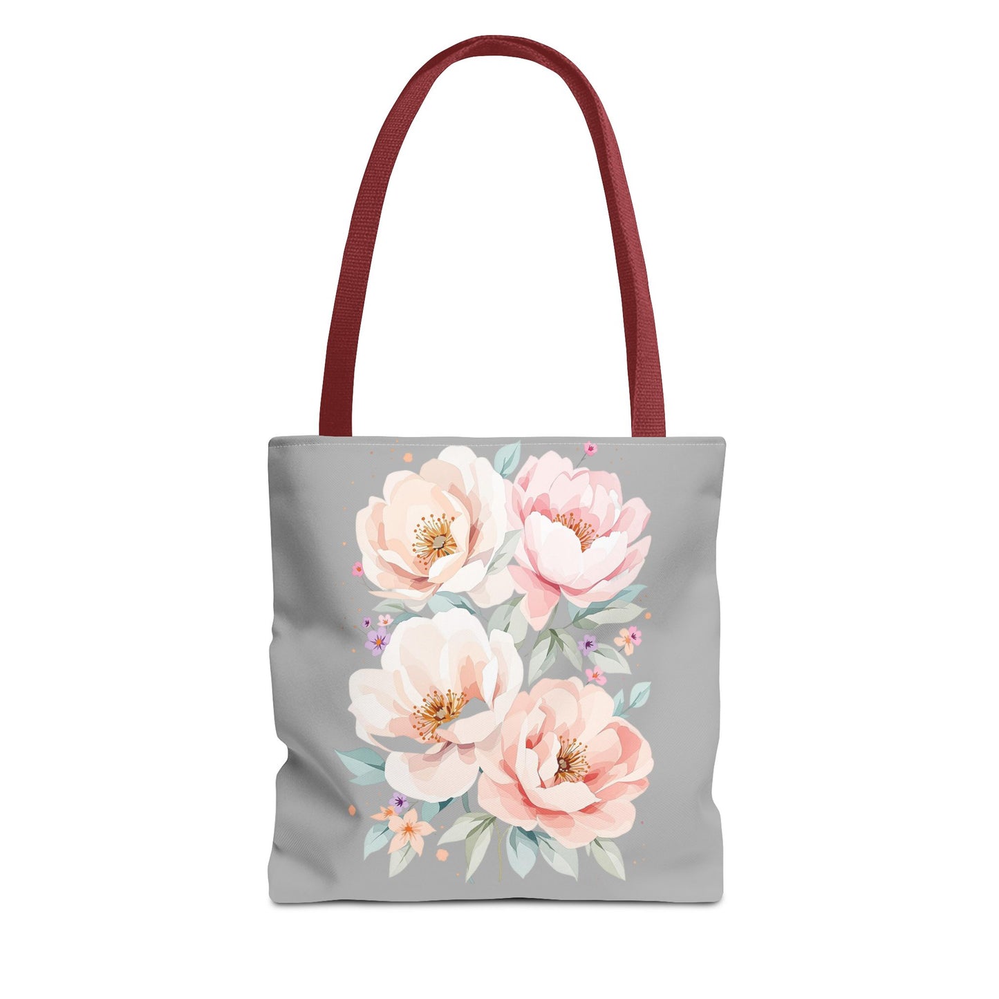 Floral Peony Tote Bag — Pink Watercolor Flowers on Grey