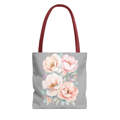Floral Peony Tote Bag — Pink Watercolor Flowers on Grey