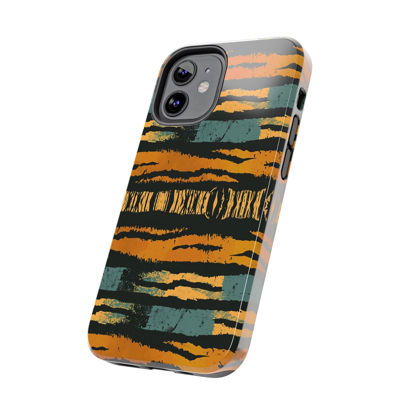 Tiger Stripe Tough Phone Case — Rugged Protective iPhone Cover with Amber & Teal Brushstroke Pattern