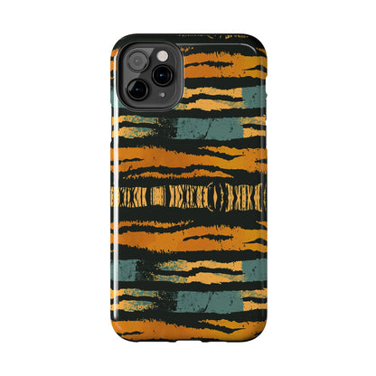 Tiger Stripe Tough Phone Case — Rugged Protective iPhone Cover with Amber & Teal Brushstroke Pattern