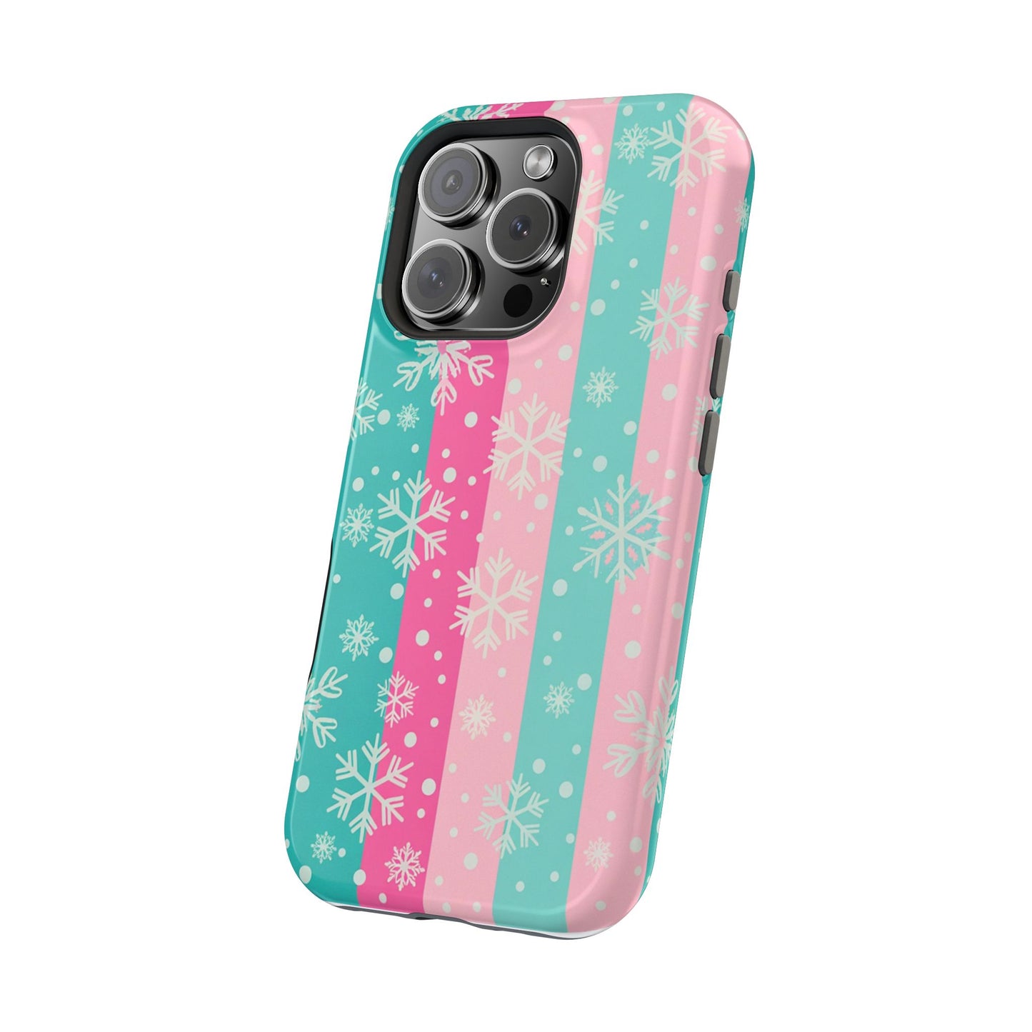 Snowflake Striped Magnetic Impact-Resistant Phone Case — Pink & Teal Winter Design