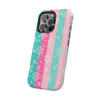 Snowflake Striped Magnetic Impact-Resistant Phone Case — Pink & Teal Winter Design