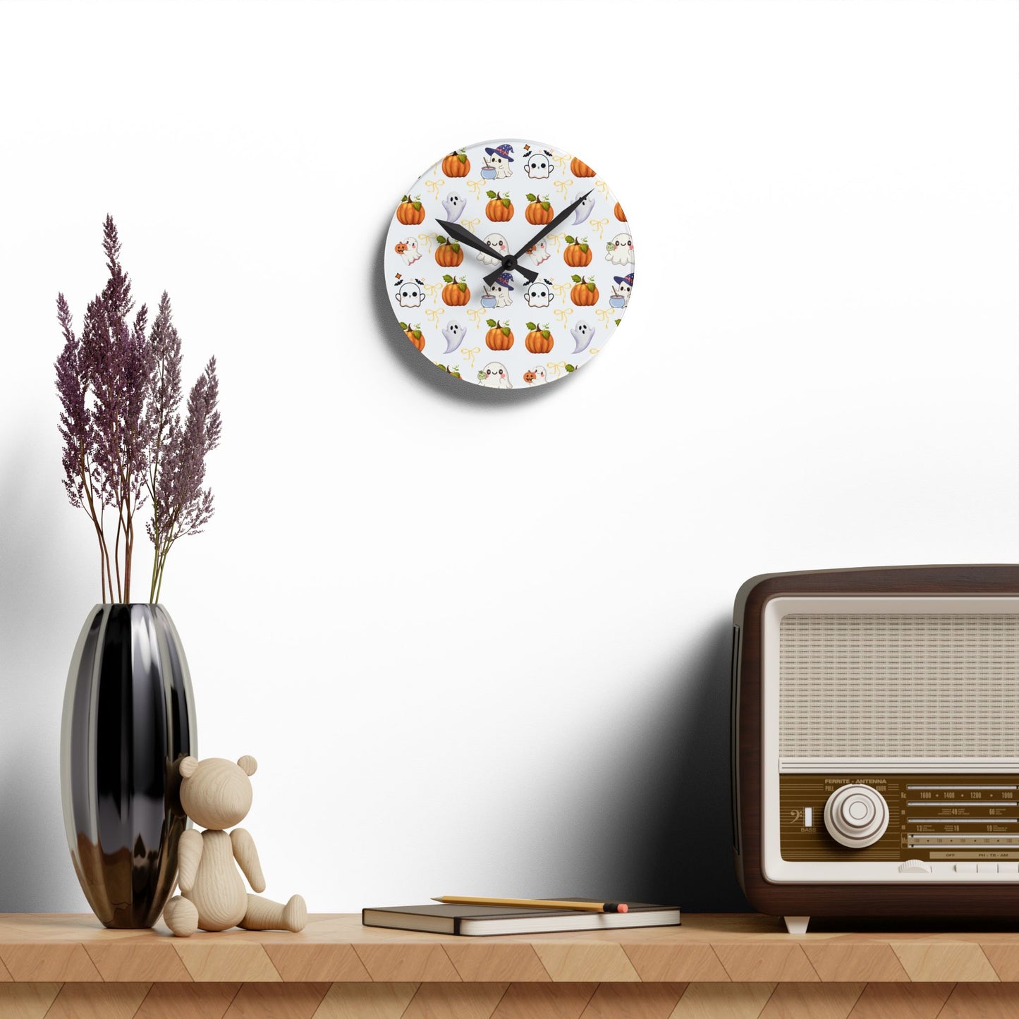 Halloween Themed Acrylic Wall Clock, Cute Pumpkin and Ghost Decor, Spooky Home Decoration, Fall Wall Art, Seasonal Clock