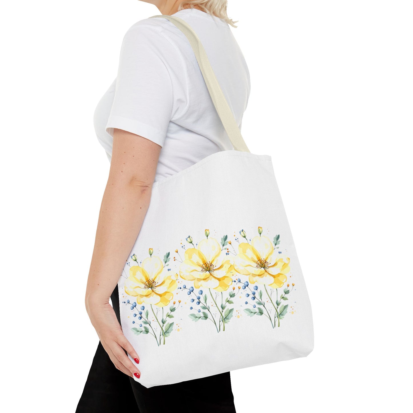 Floral Peony Tote Bag — Yellow Watercolor Flowers on White