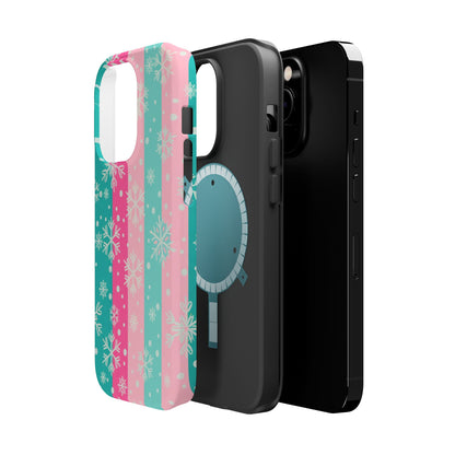 Snowflake Striped Magnetic Impact-Resistant Phone Case — Pink & Teal Winter Design