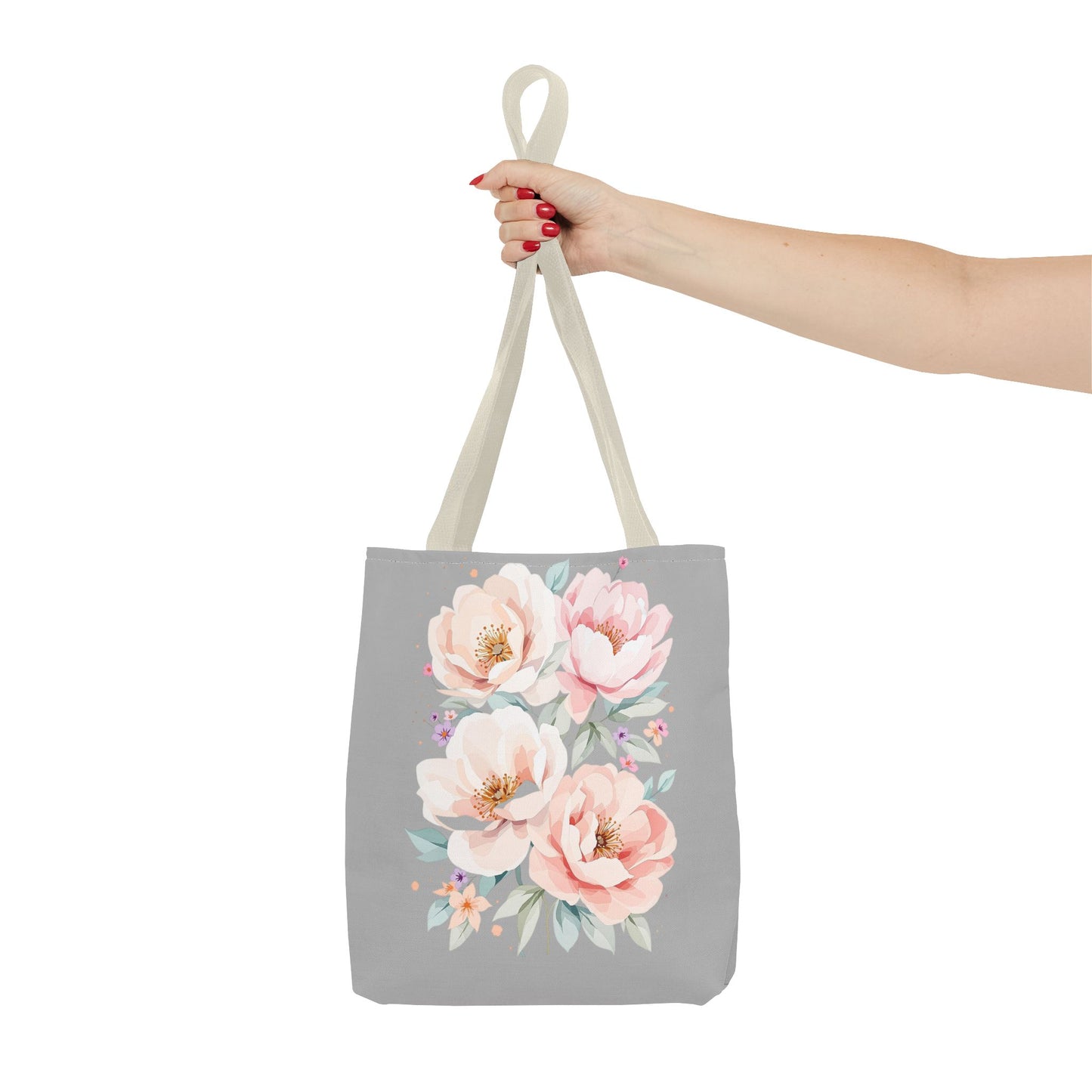 Floral Peony Tote Bag — Pink Watercolor Flowers on Grey