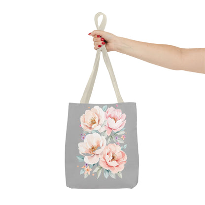 Floral Peony Tote Bag — Pink Watercolor Flowers on Grey