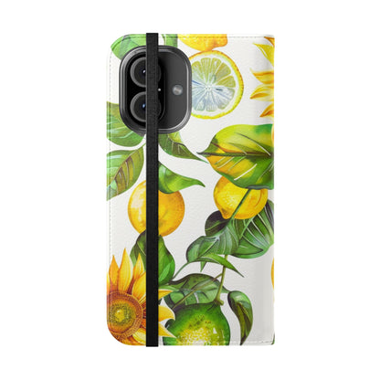 Sunflower & Lemon Flip Phone Case – Floral Wallet Flip Case with Card Slots