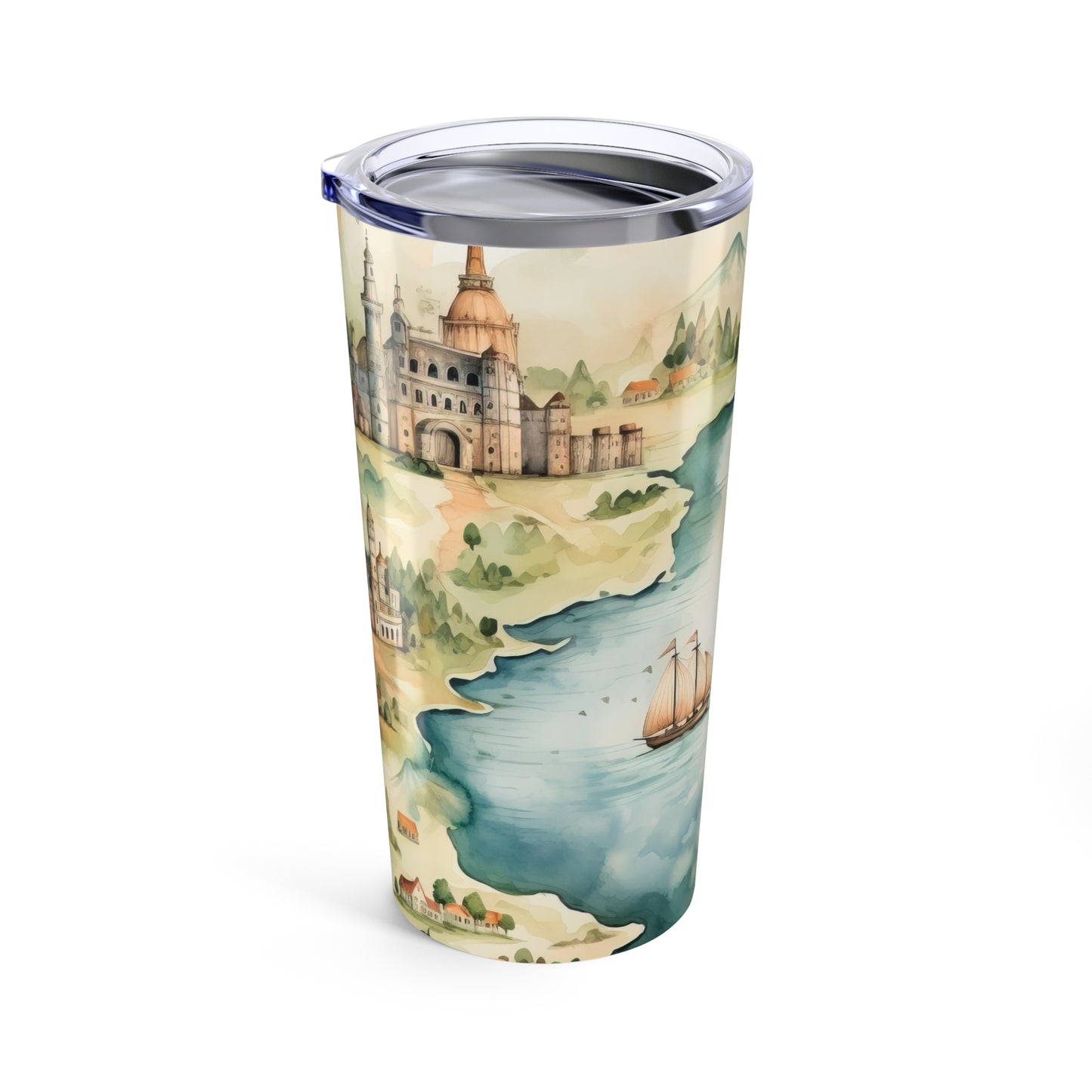 20oz Travel Tumbler — Vintage Fantasy Map with Castles & Sailing Ships