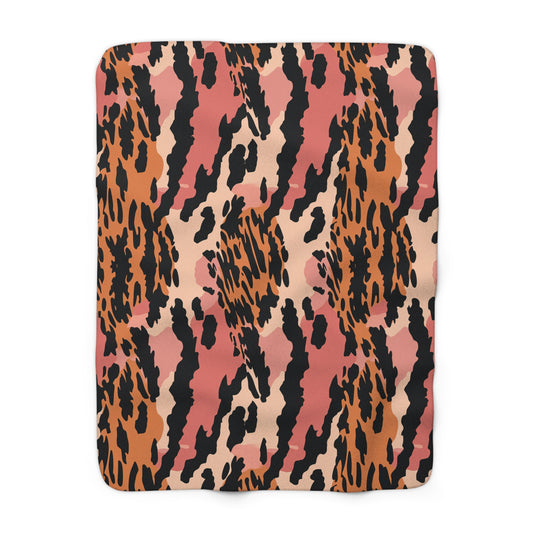 Leopard Print Sherpa Fleece Blanket — Pink & Orange Animal Print Cozy Throw