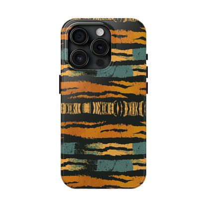 Tiger Stripe Tough Phone Case — Rugged Protective iPhone Cover with Amber & Teal Brushstroke Pattern