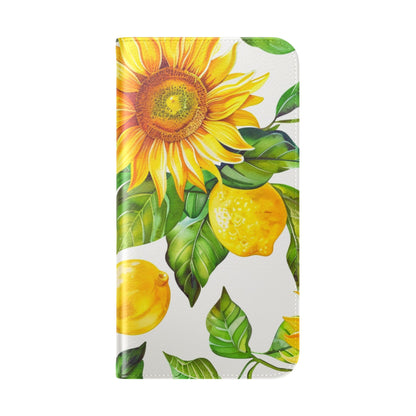 Sunflower & Lemon Flip Phone Case – Floral Wallet Flip Case with Card Slots