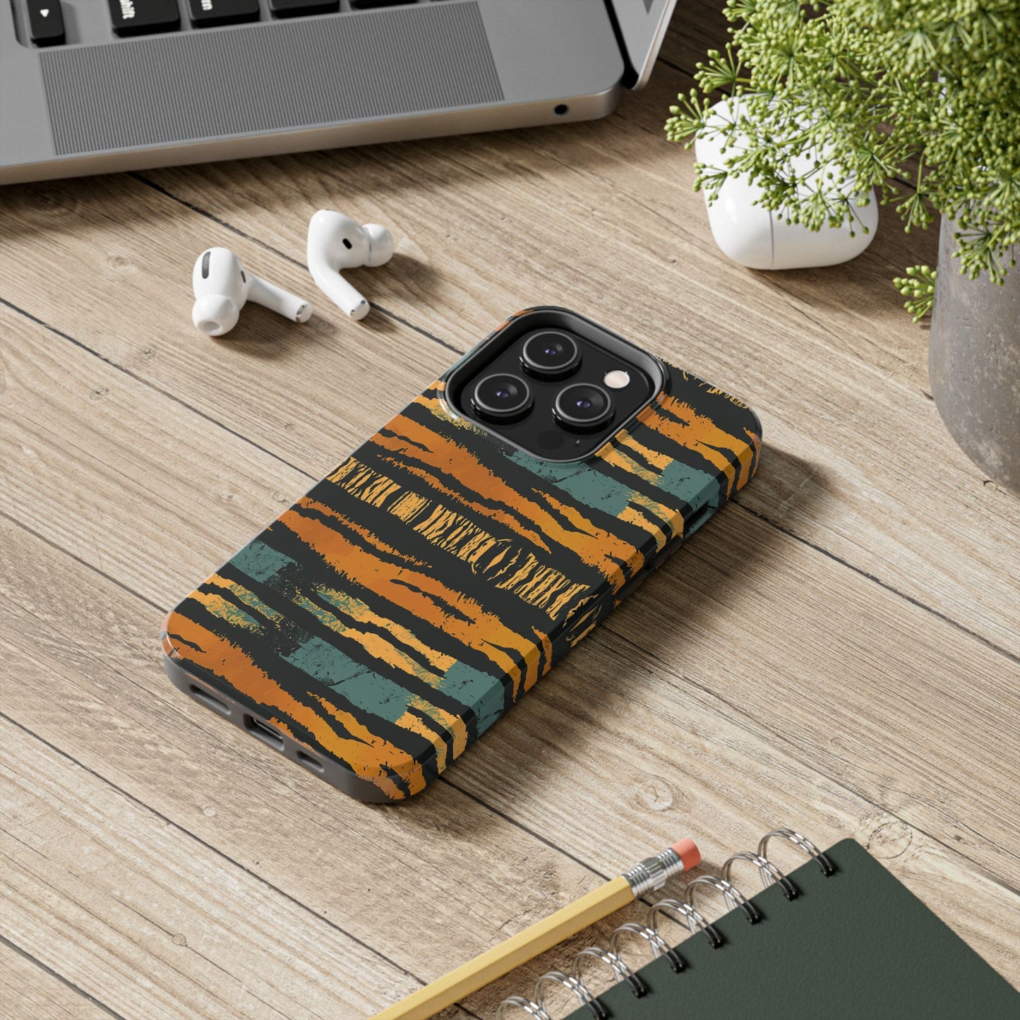 Tiger Stripe Tough Phone Case — Rugged Protective iPhone Cover with Amber & Teal Brushstroke Pattern
