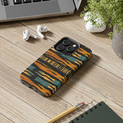 Tiger Stripe Tough Phone Case — Rugged Protective iPhone Cover with Amber & Teal Brushstroke Pattern