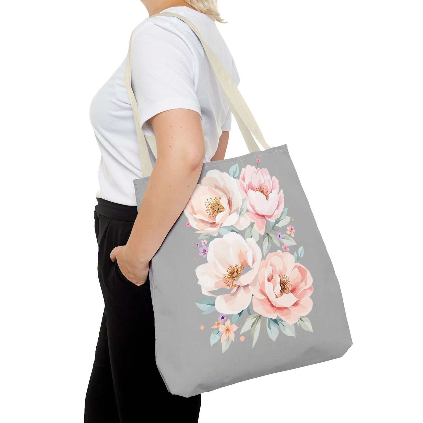 Floral Peony Tote Bag — Pink Watercolor Flowers on Grey