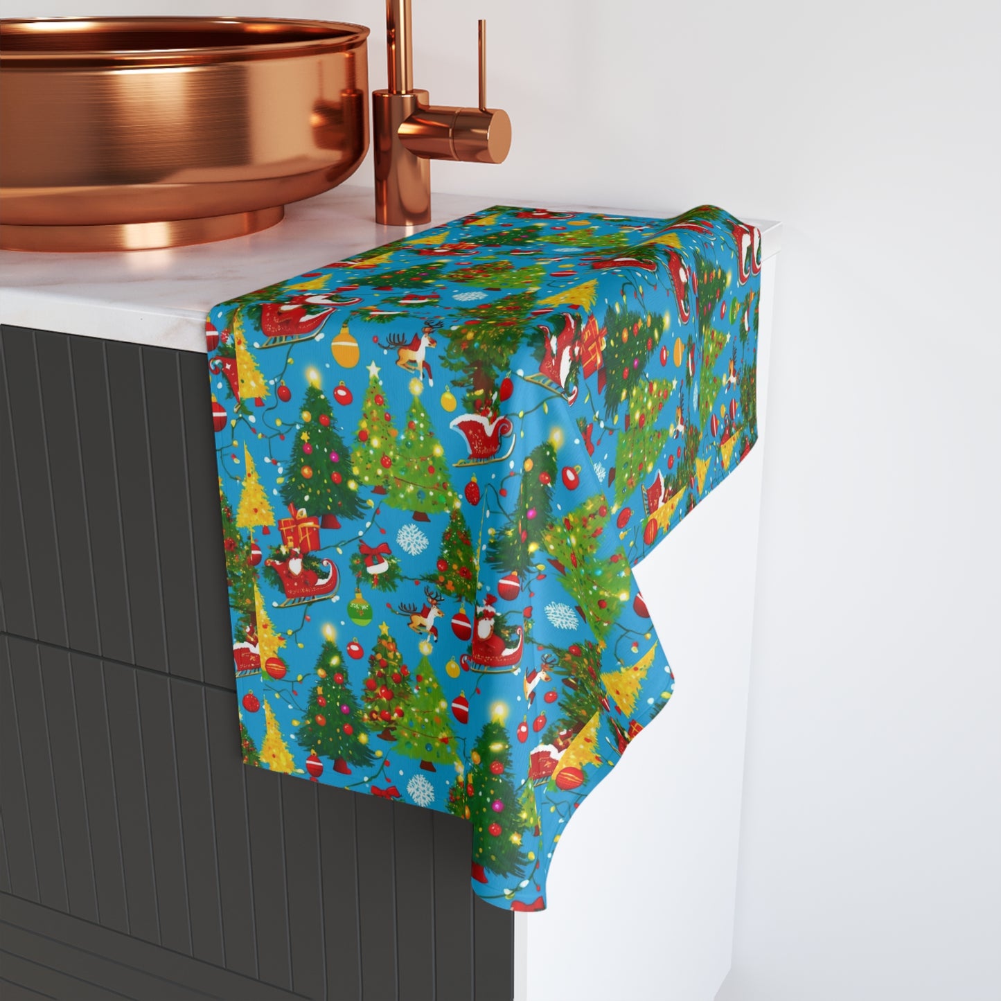 Festive Christmas Hand Towel for Kitchen or Bathroom, Holiday Decor, Gift for Mom, Santa and Christmas Trees Design