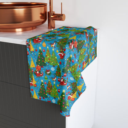 Festive Christmas Hand Towel for Kitchen or Bathroom, Holiday Decor, Gift for Mom, Santa and Christmas Trees Design