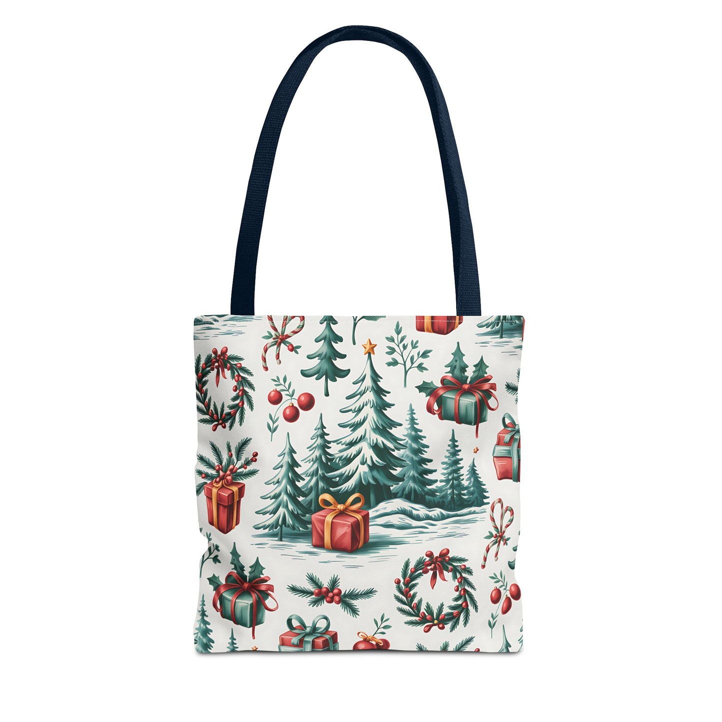Festive Holiday Tote Bag with Christmas Trees and Gifts
