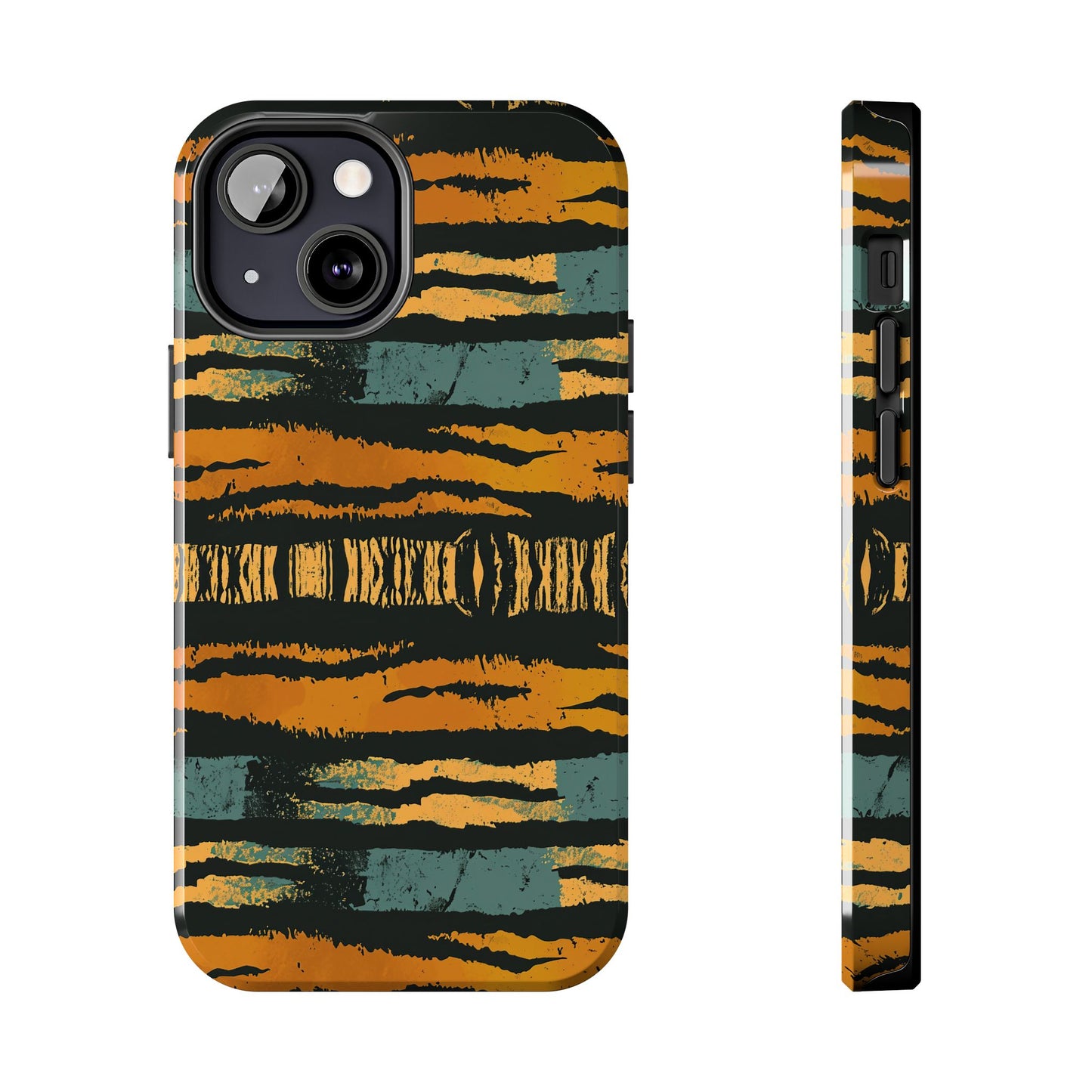 Tiger Stripe Tough Phone Case — Rugged Protective iPhone Cover with Amber & Teal Brushstroke Pattern