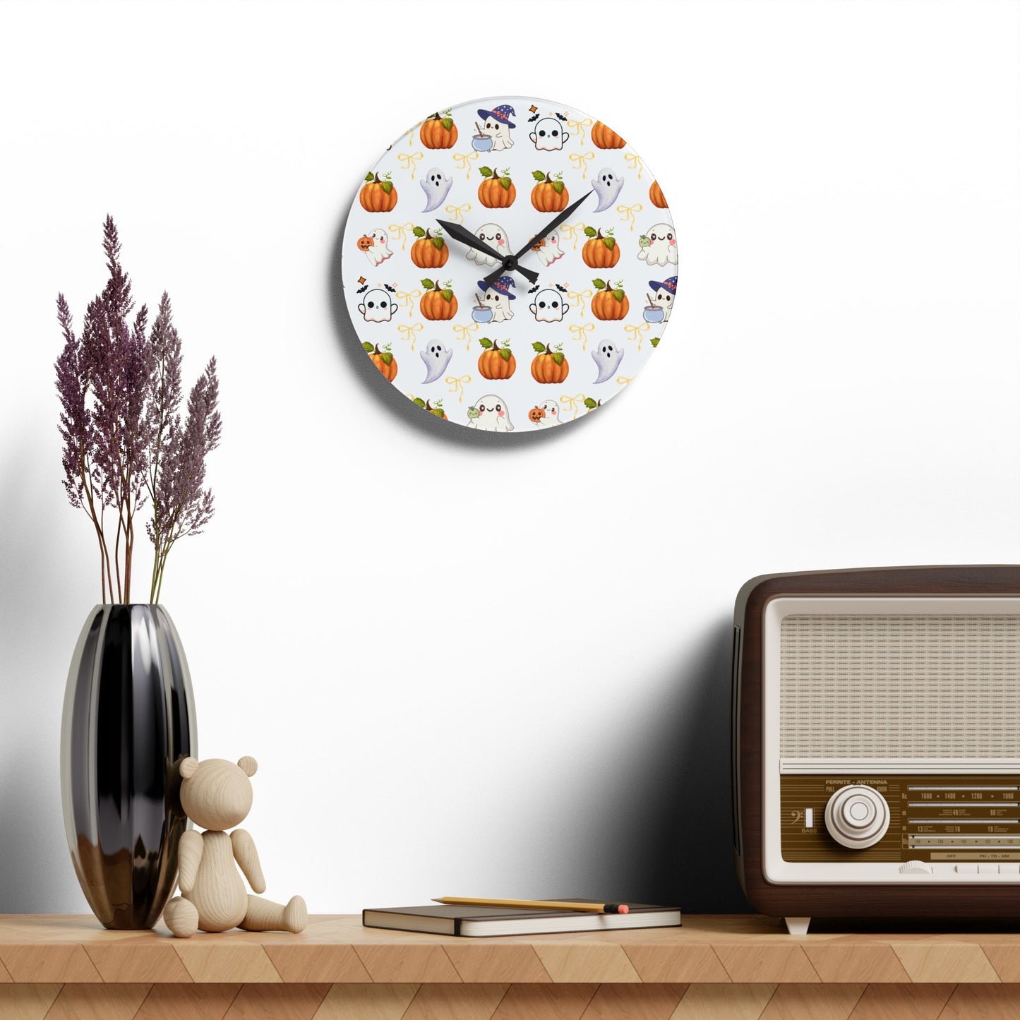 Halloween Themed Acrylic Wall Clock, Cute Pumpkin and Ghost Decor, Spooky Home Decoration, Fall Wall Art, Seasonal Clock