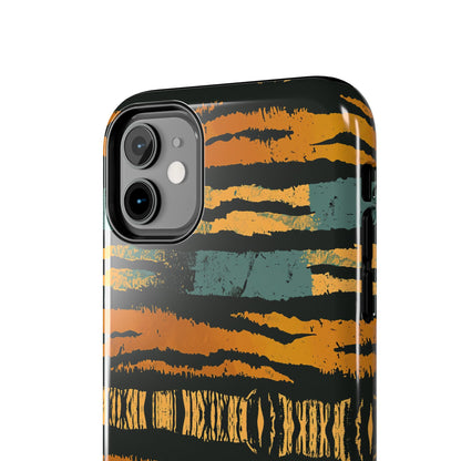 Tiger Stripe Tough Phone Case — Rugged Protective iPhone Cover with Amber & Teal Brushstroke Pattern
