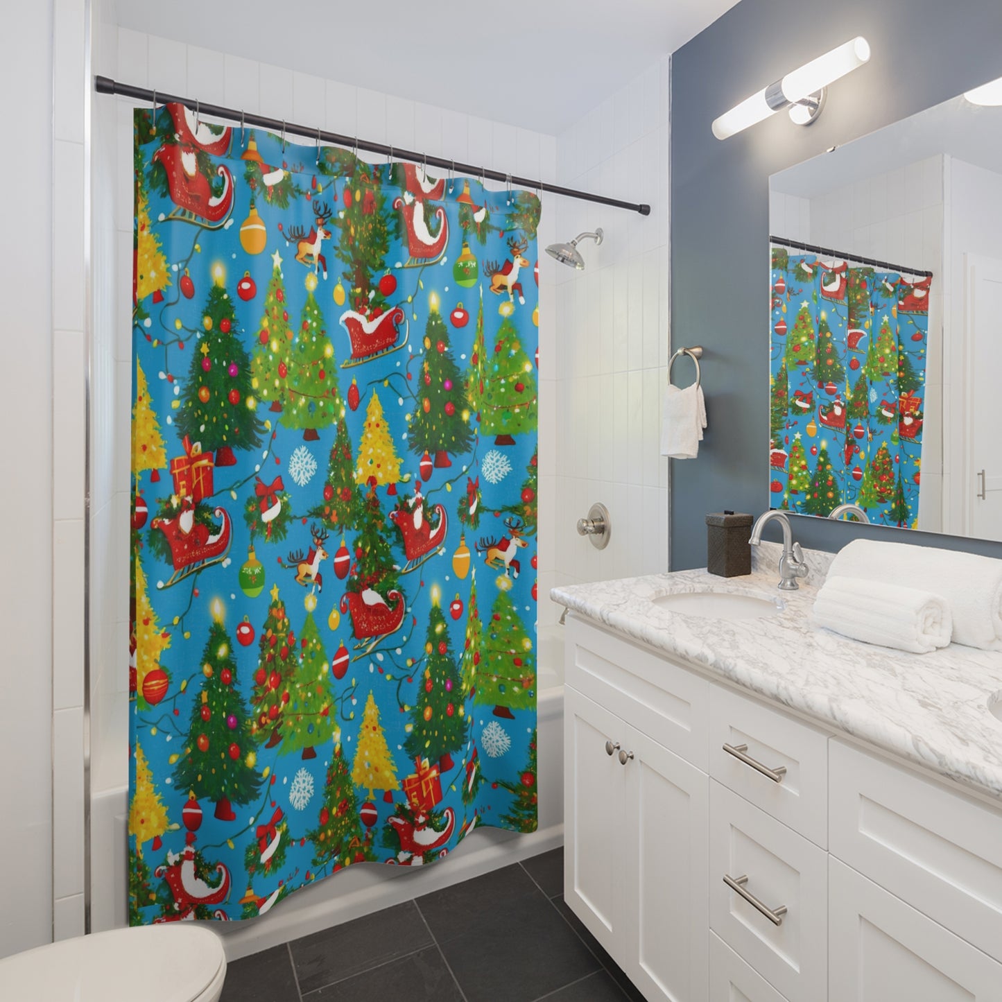 Festive Christmas Shower Curtain | Holiday Decor, Santa, Trees, Winter Wonderland, Bathroom Accessory