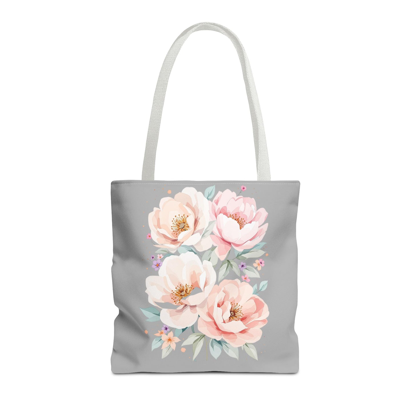 Floral Peony Tote Bag — Pink Watercolor Flowers on Grey