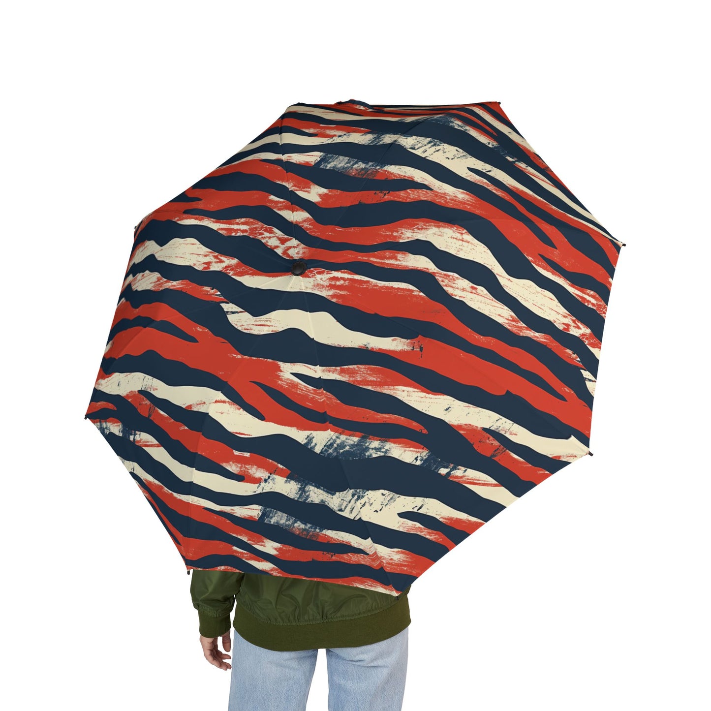 Foldable Umbrella — Red Navy Tiger Stripe Compact Rain Umbrella ,Africa Pattern.