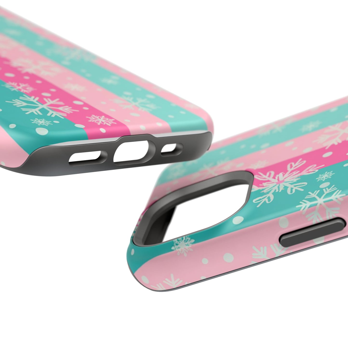 Snowflake Striped Magnetic Impact-Resistant Phone Case — Pink & Teal Winter Design