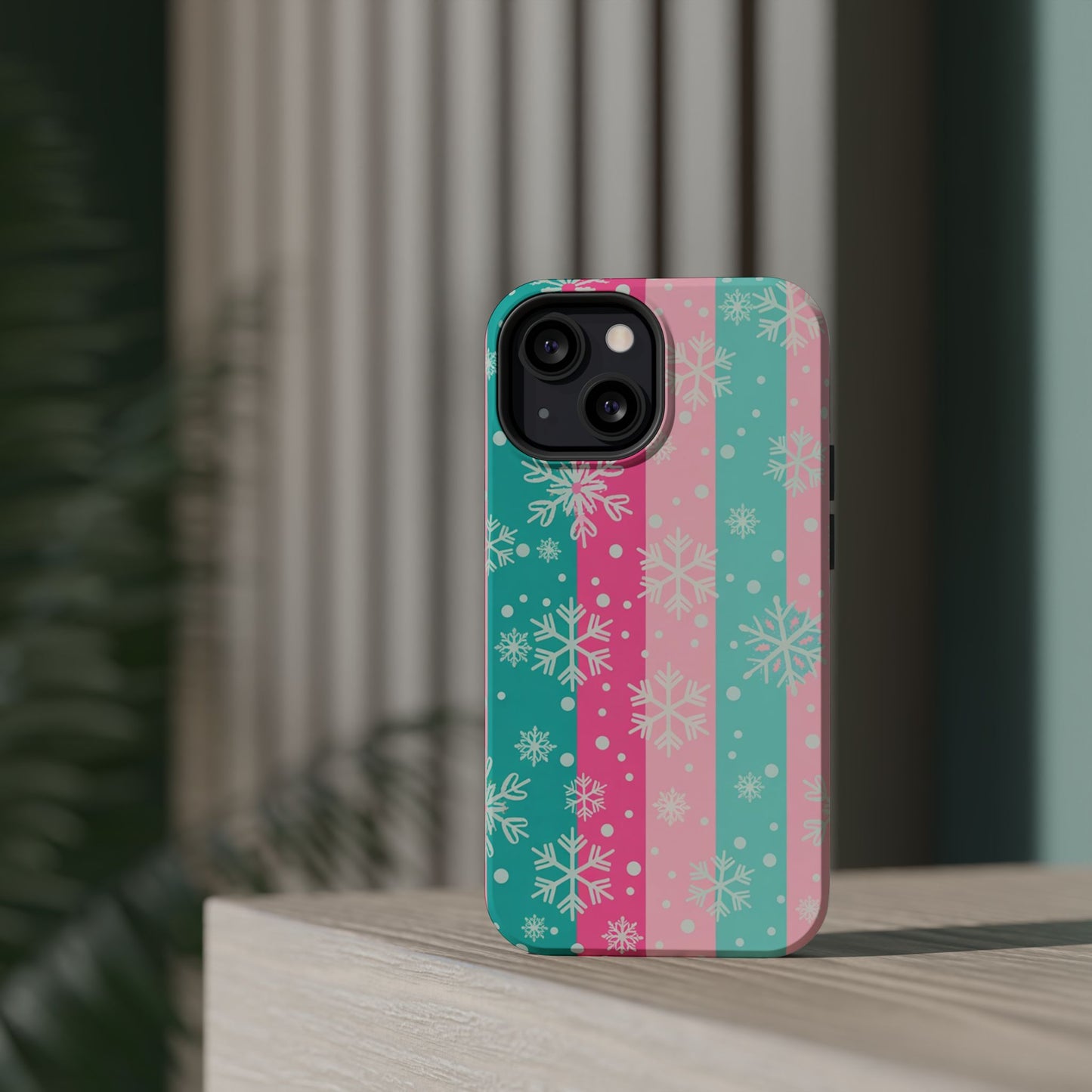 Snowflake Striped Magnetic Impact-Resistant Phone Case — Pink & Teal Winter Design