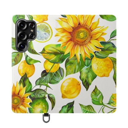 Sunflower & Lemon Flip Phone Case – Floral Wallet Flip Case with Card Slots