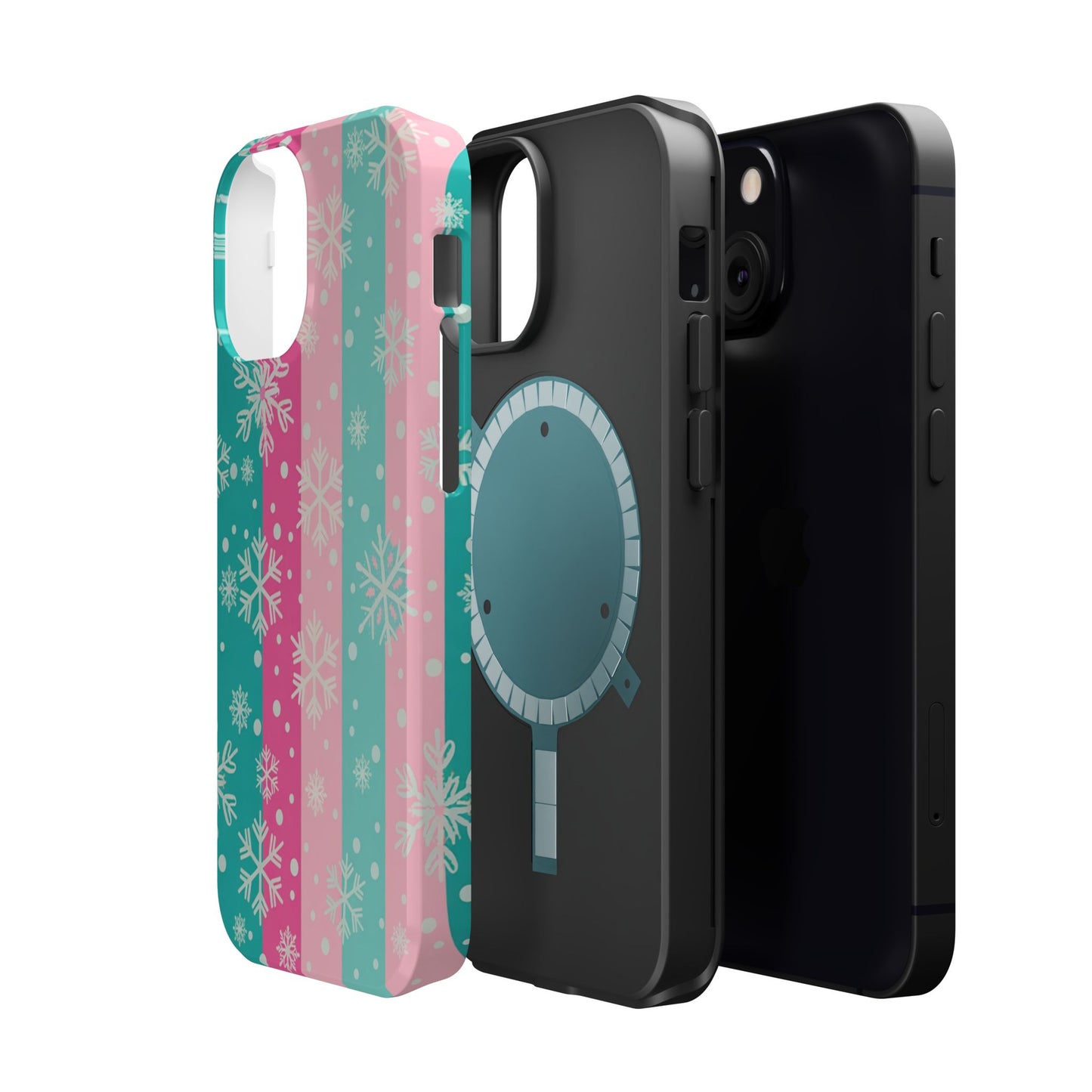 Snowflake Striped Magnetic Impact-Resistant Phone Case — Pink & Teal Winter Design