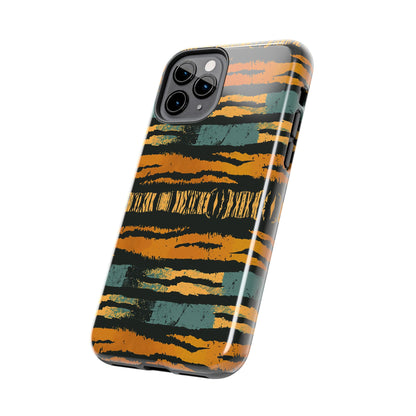 Tiger Stripe Tough Phone Case — Rugged Protective iPhone Cover with Amber & Teal Brushstroke Pattern