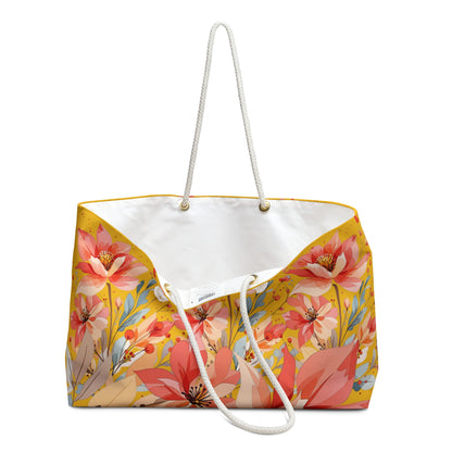Floral Lotus Weekender Bag – Coral & Brown Travel Tote