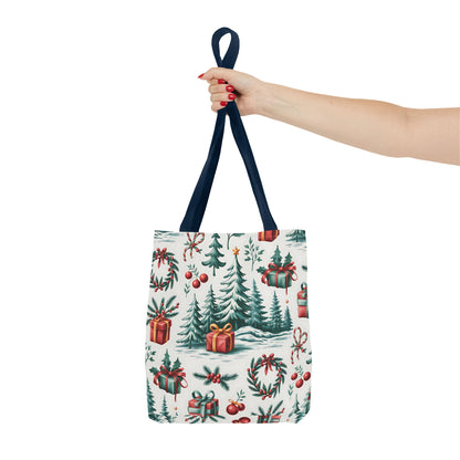 Festive Holiday Tote Bag with Christmas Trees and Gifts