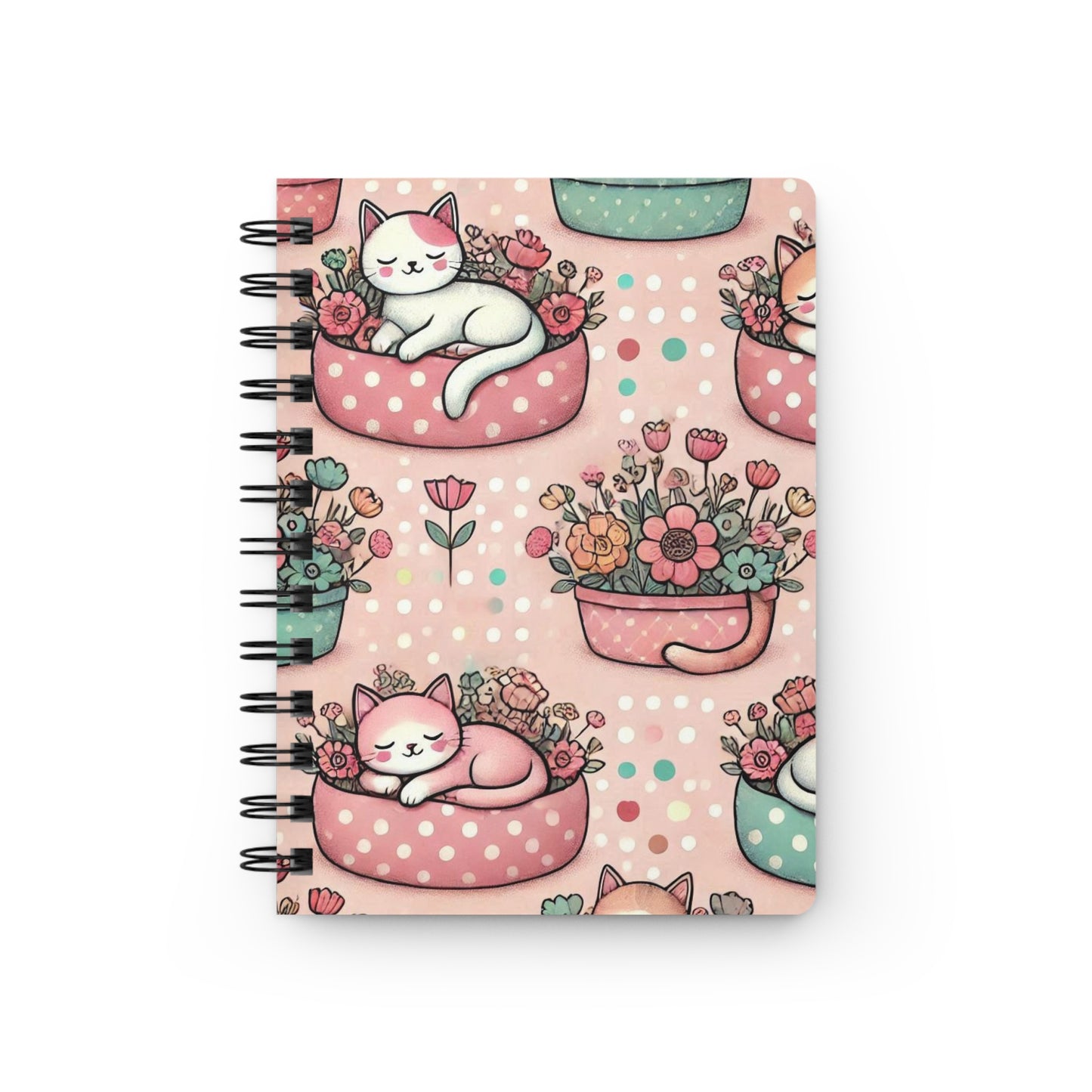 Cute Polka Dot Cat Floral Spiral Journal — Kawaii Cats & Flower Pattern Notebook,A Perfect Gift For Girl .