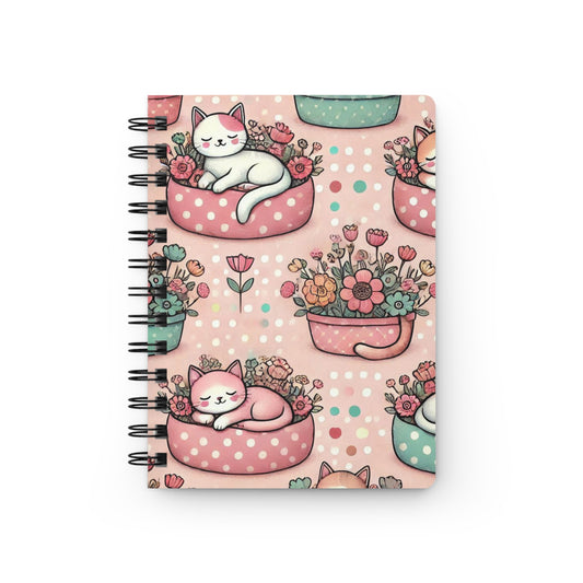 Cute Polka Dot Cat Floral Spiral Journal — Kawaii Cats & Flower Pattern Notebook,A Perfect Gift For Girl .