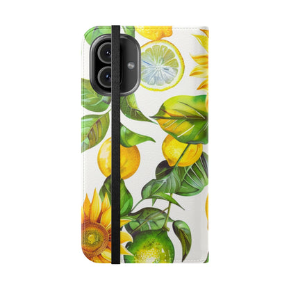 Sunflower & Lemon Flip Phone Case – Floral Wallet Flip Case with Card Slots
