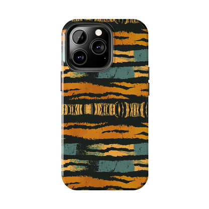 Tiger Stripe Tough Phone Case — Rugged Protective iPhone Cover with Amber & Teal Brushstroke Pattern