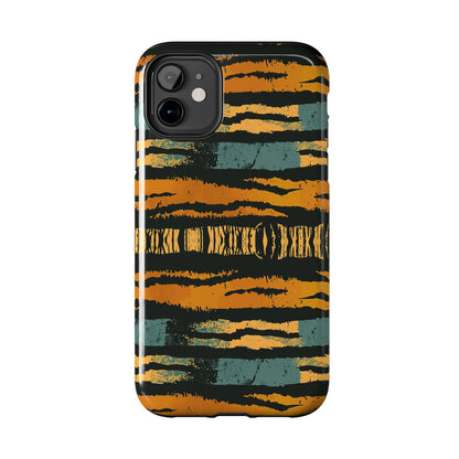 Tiger Stripe Tough Phone Case — Rugged Protective iPhone Cover with Amber & Teal Brushstroke Pattern