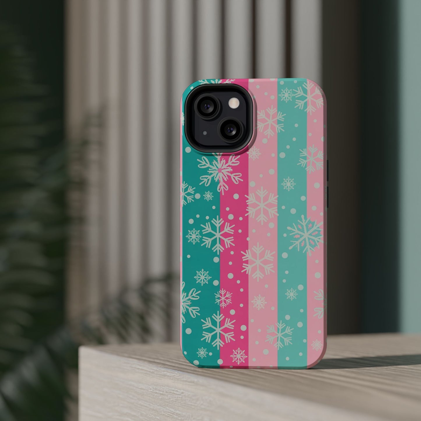 Snowflake Striped Magnetic Impact-Resistant Phone Case — Pink & Teal Winter Design