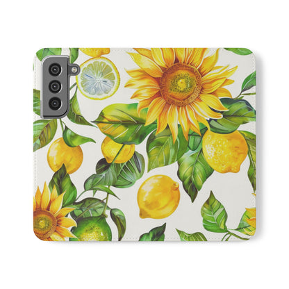 Sunflower & Lemon Flip Phone Case – Floral Wallet Flip Case with Card Slots