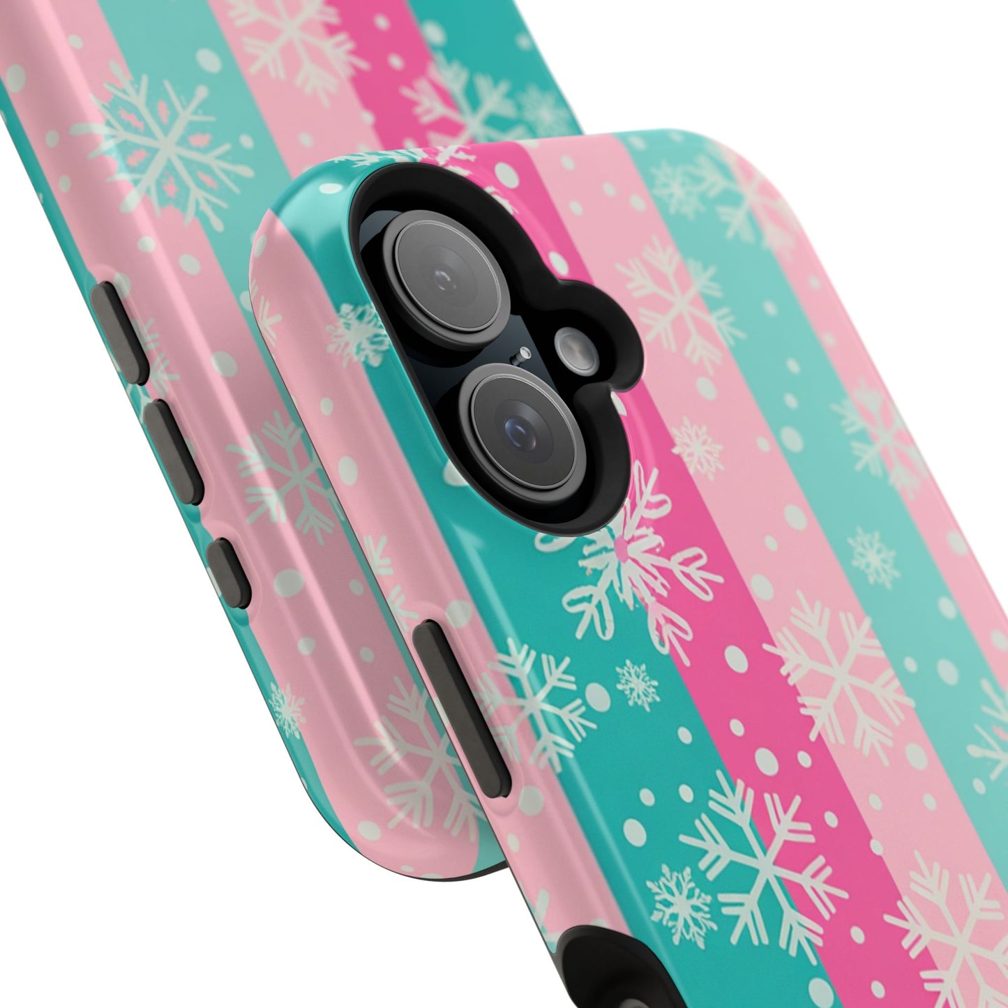 Snowflake Striped Magnetic Impact-Resistant Phone Case — Pink & Teal Winter Design